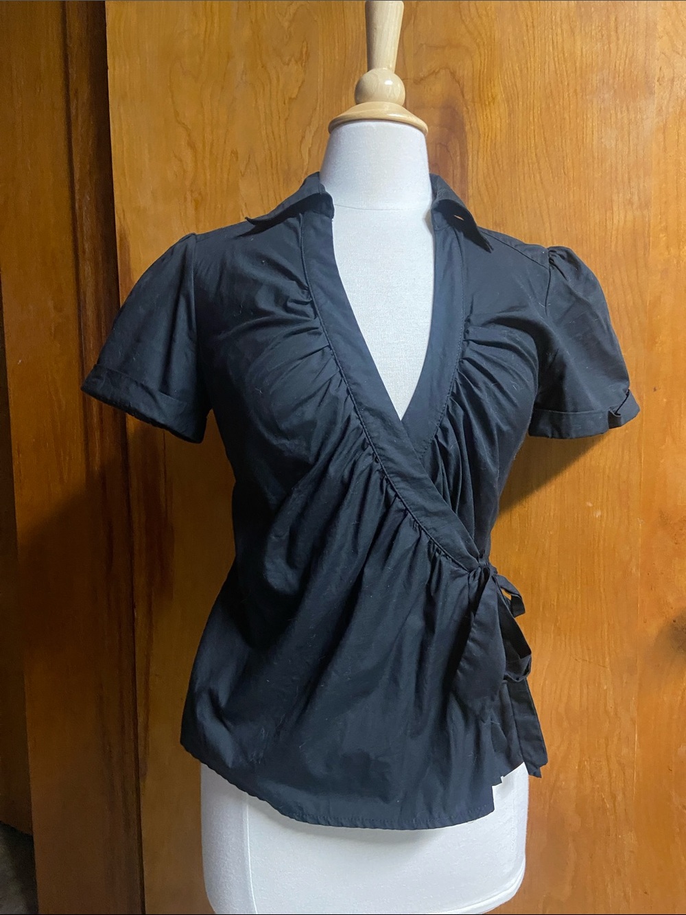 H&M Puff Sleeve Black Wrap Short-Sleeve Blouse with Tie MED 10